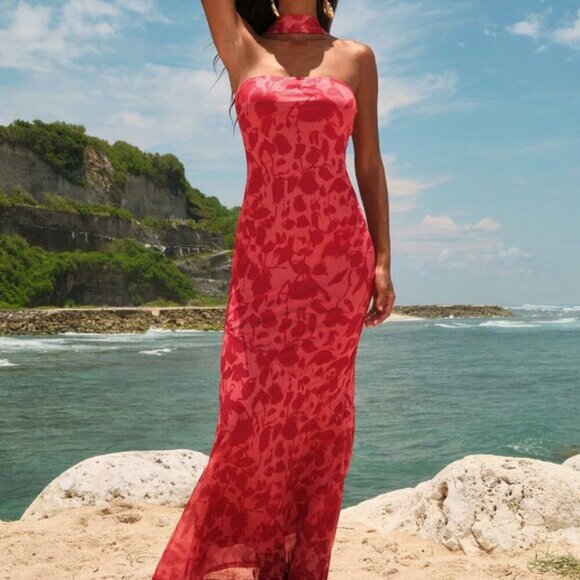 Red Casual Women's Beach Fairycore Wedding Party Elegant Knitted Mesh Print Form - Picture 6 of 8